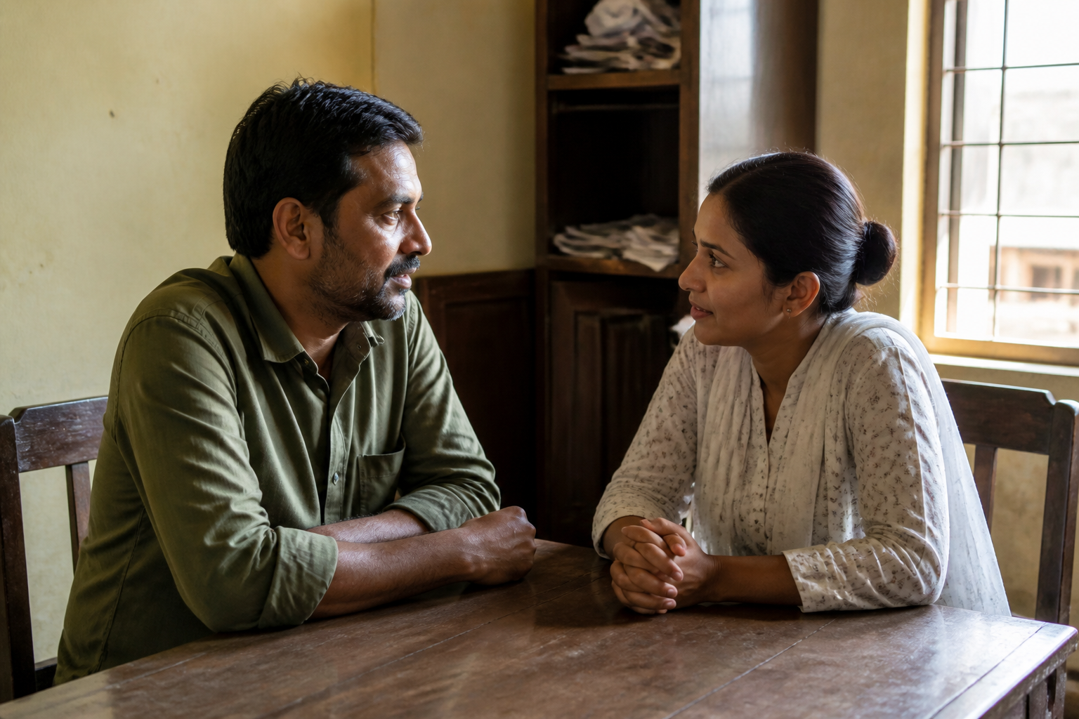 Two people in a quiet conversation