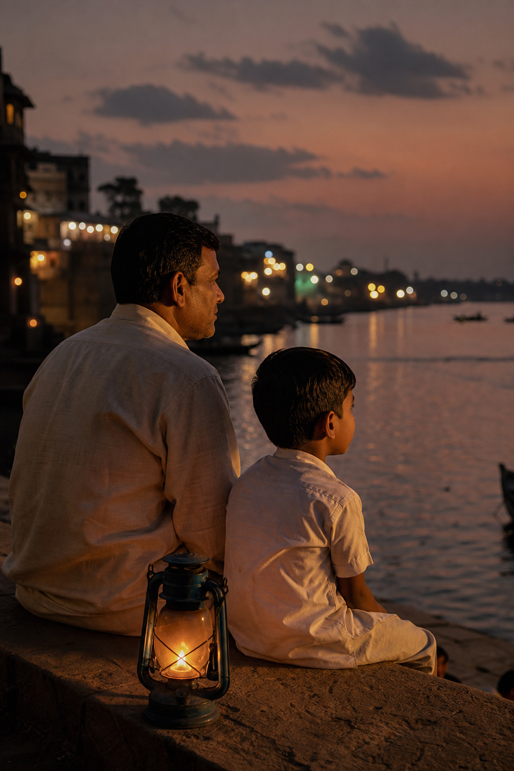 A father and young son sitting together by a river at dusk