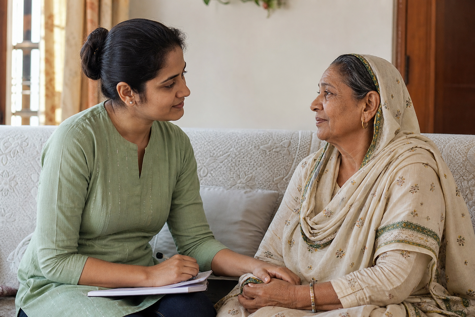Indian counsellor sitting with a family