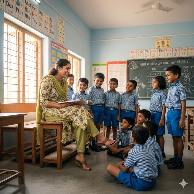 Volunteer teaching Indian schoolchildren in a classroom