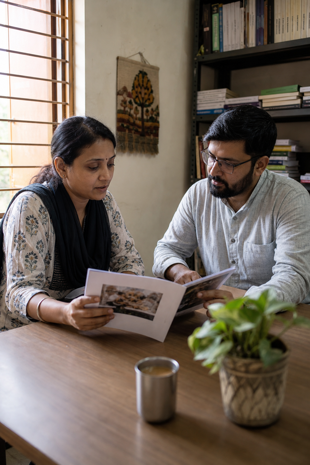 Two people reviewing a campaign booklet in a modest office