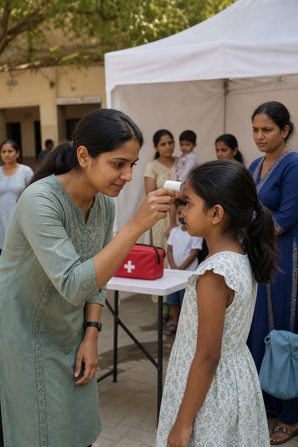 Volunteer checking a child’s temperature at a community health camp