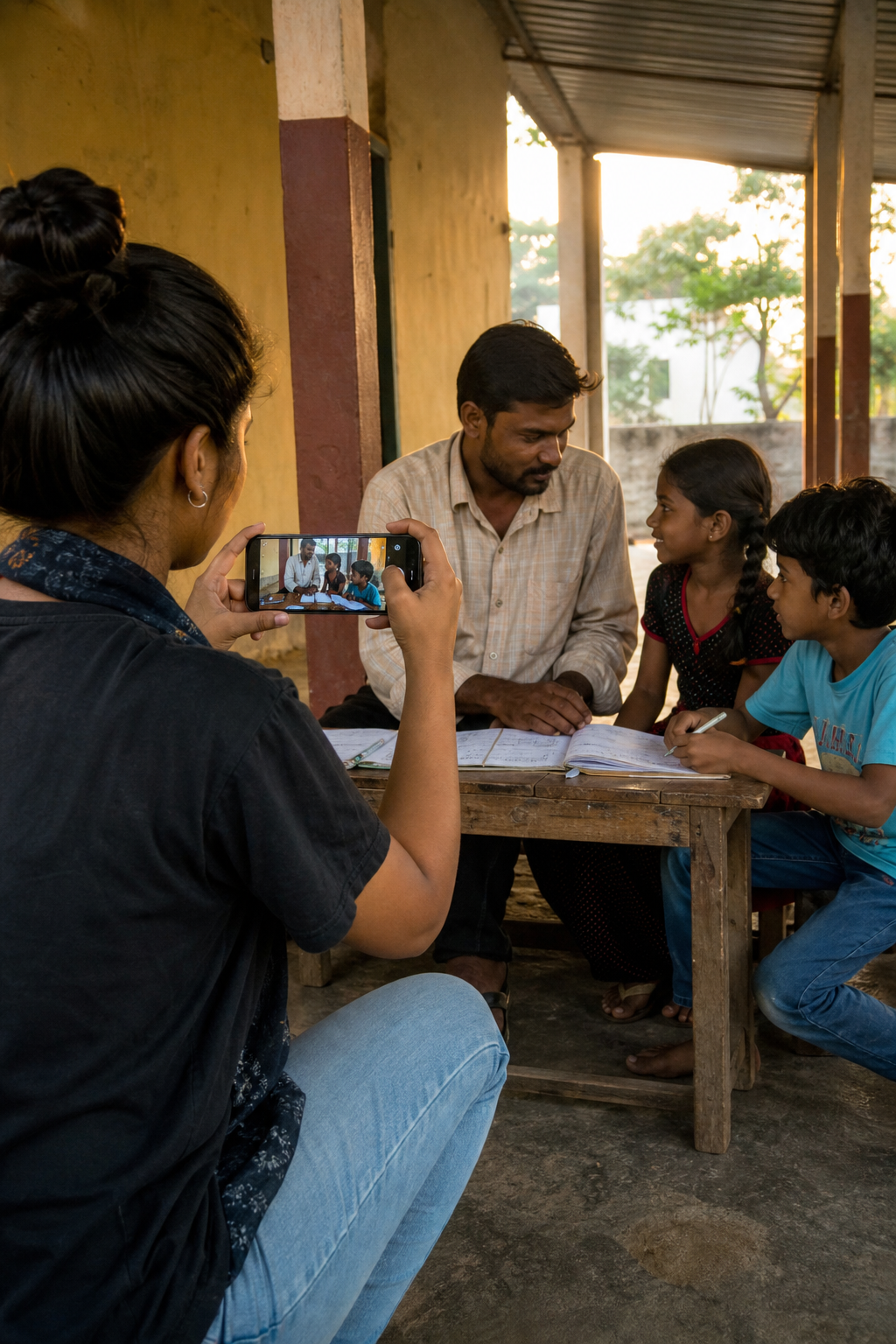 Volunteer photographing a community workshop on a phone