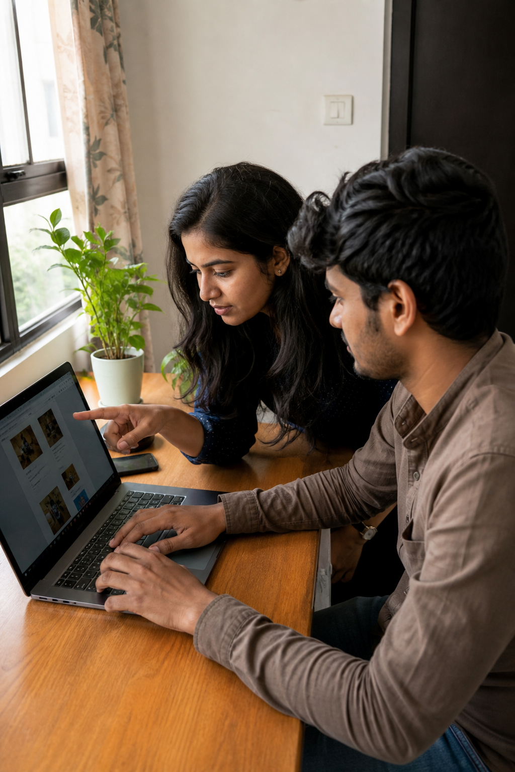 Two people collaborating on a website at a laptop