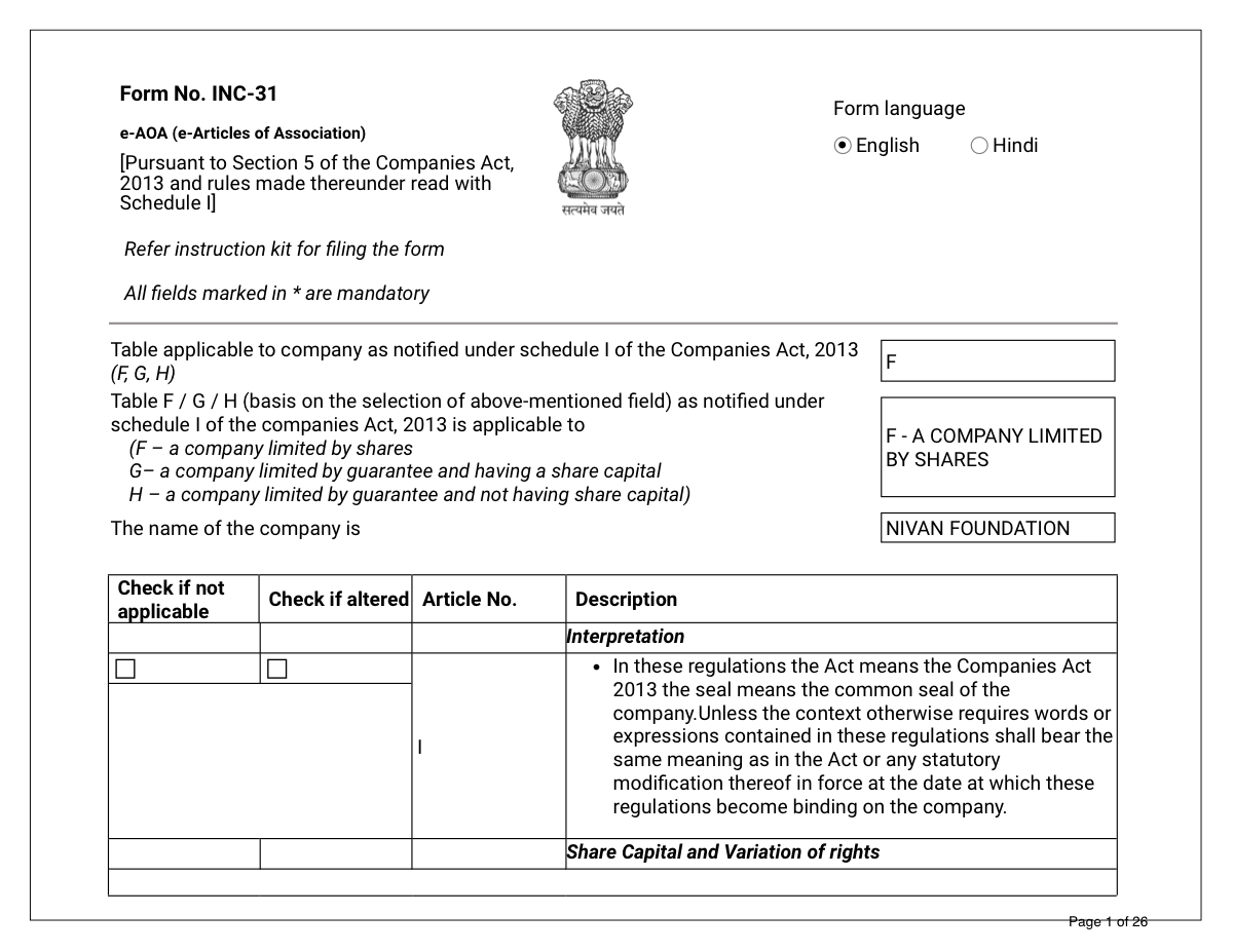 Articles of Association (INC-31)